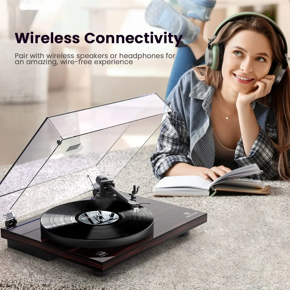 Angels Horn H002BT-BK Bluetooth Turntable Vinyl Record Player (Mahogany)