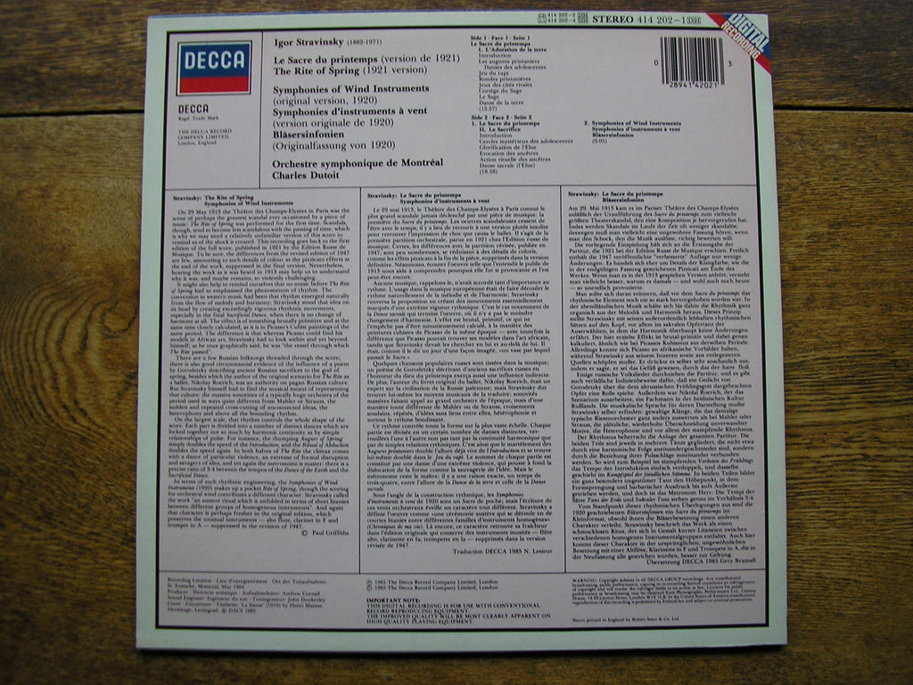 STRAVINSKY: THE RITE OF SPRING / SYMPHONIES OF WIND INSTRUMENTS   DUTOIT / MONTREAL SYMPHONY  414 202