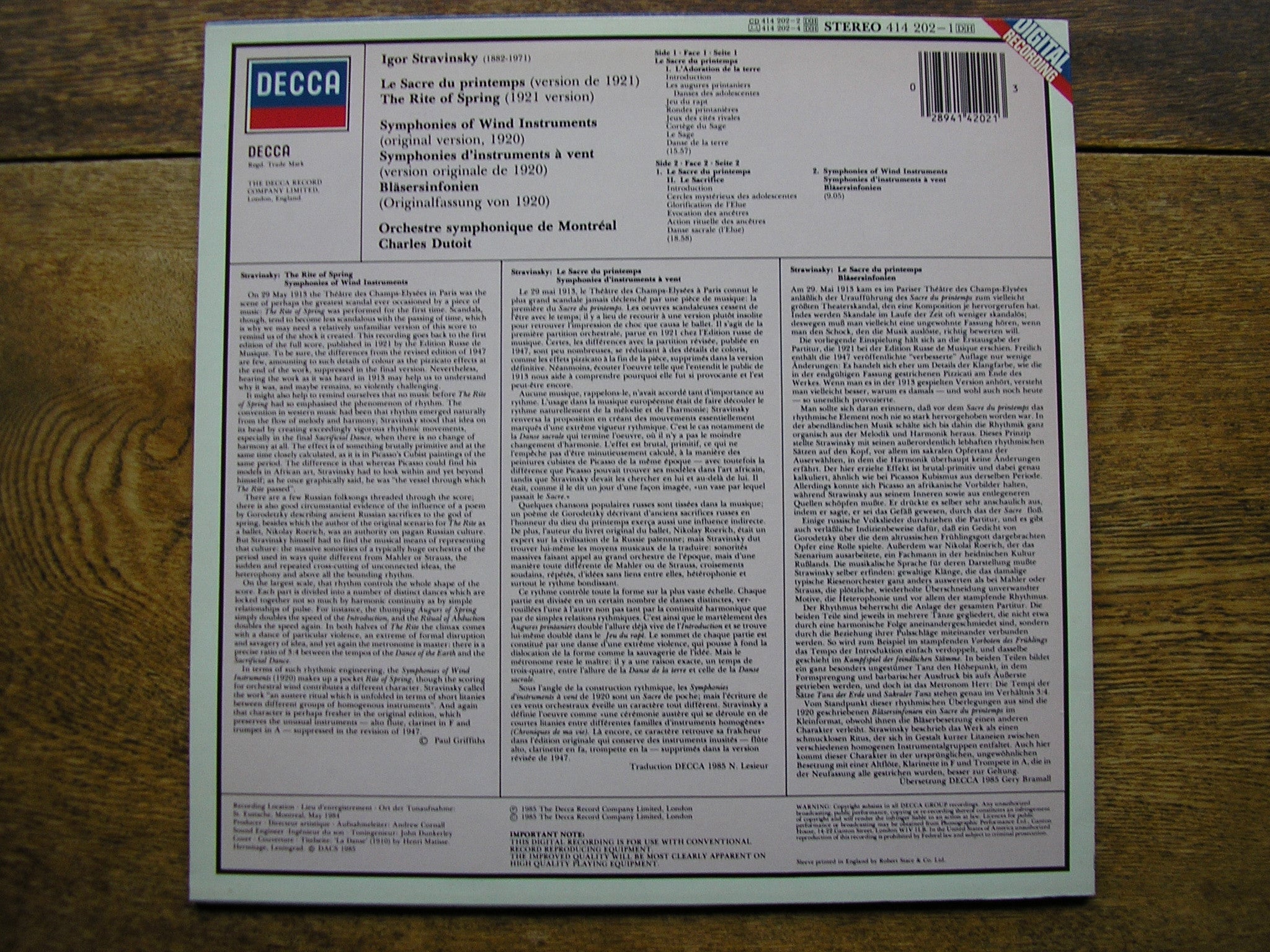 STRAVINSKY: THE RITE OF SPRING / SYMPHONIES OF WIND INSTRUMENTS   DUTOIT / MONTREAL SYMPHONY  414 202