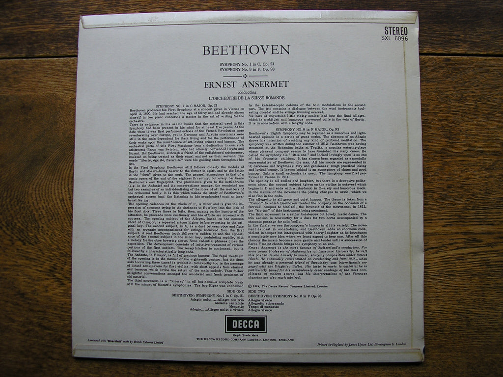 SXL 6096 BEETHOVEN: SYMPHONIES Nos. 1 & 8 ANSERMET / SUISSE ROMANDE