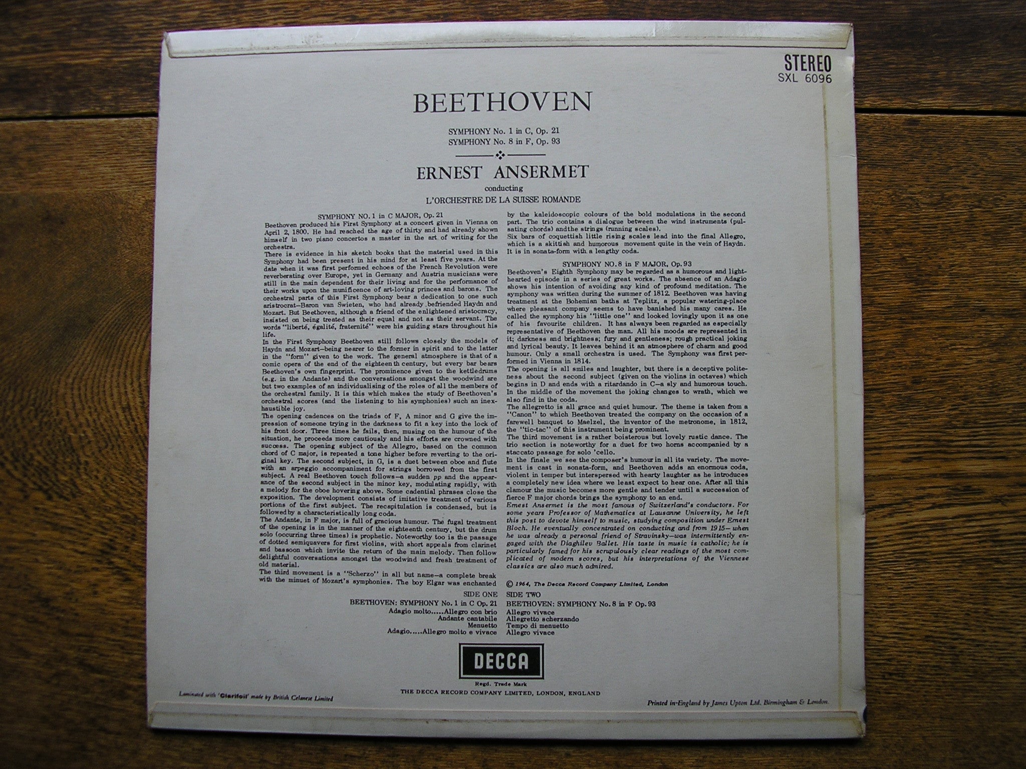 SXL 6096 BEETHOVEN: SYMPHONIES Nos. 1 & 8 ANSERMET / SUISSE ROMANDE