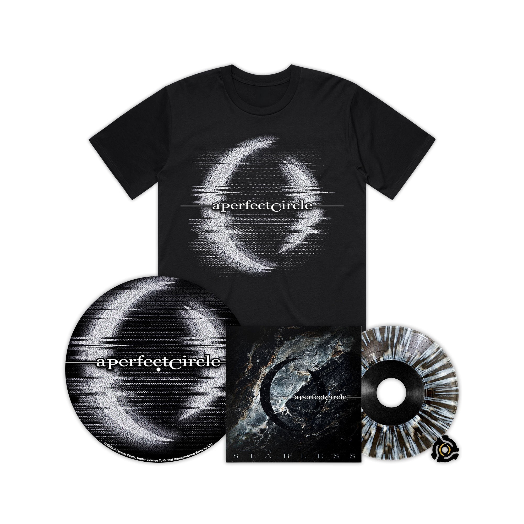 A PERFECT CIRCLE ‘STARLESS’ 7" (Exclusive – Limited to 1000, Transparent Black Ice w/ White Splatter & B-Side Etching Vinyl) + EXCLUSIVE "STATIC" T-SHIRT & SLIPMAT