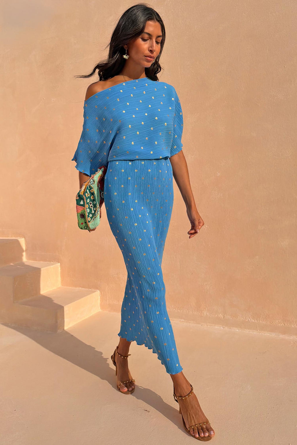Blue Plisse Tilly Dress with Gold Fleck