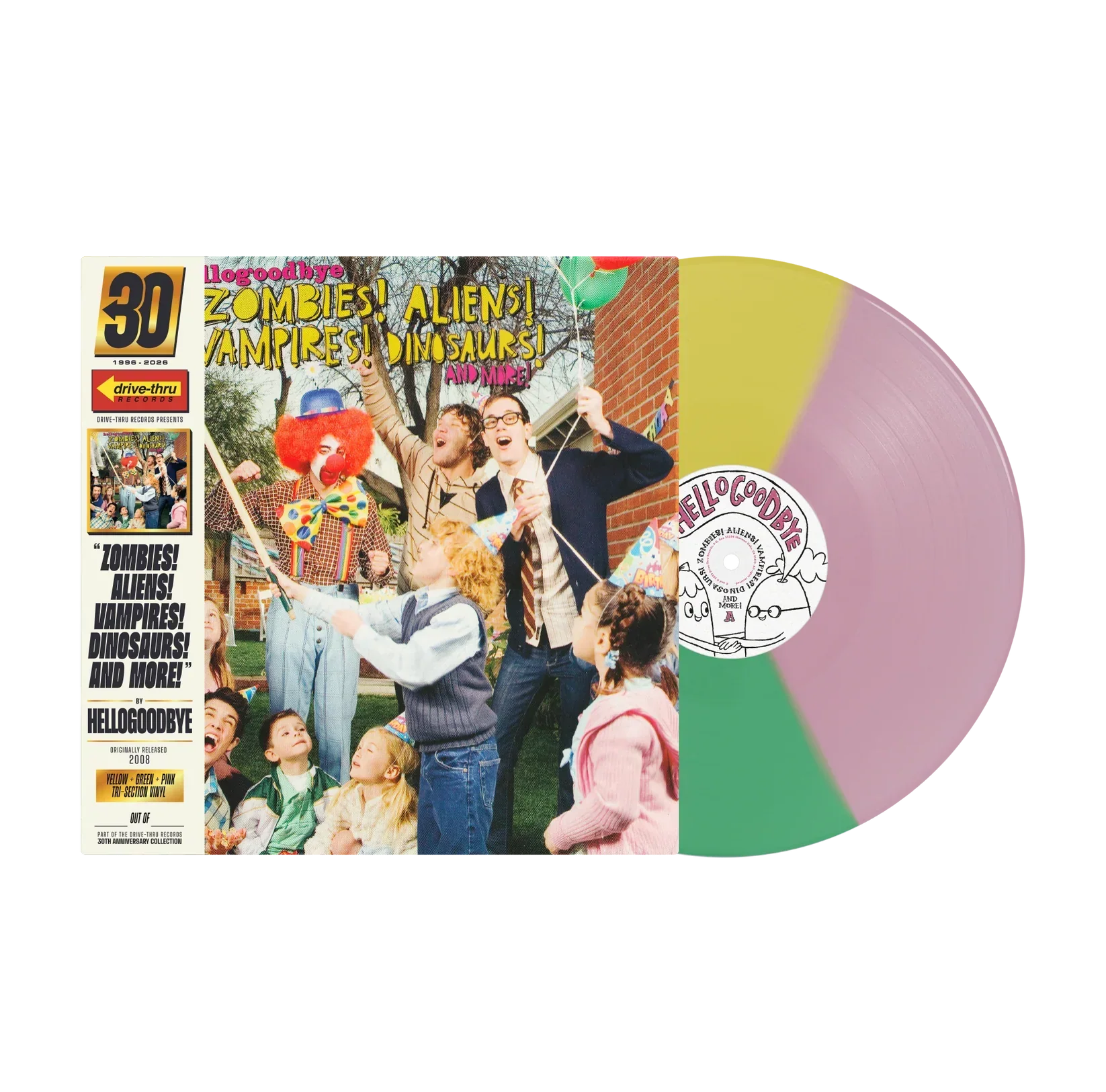 HELLOGOODBYE 'ZOMBIES! ALIENS! VAMPIRES! DINOSAURS AND MORE - THE BSIDE ALBUM!' LP - (Yellow/Green/Pink Tri-Color Vinyl)