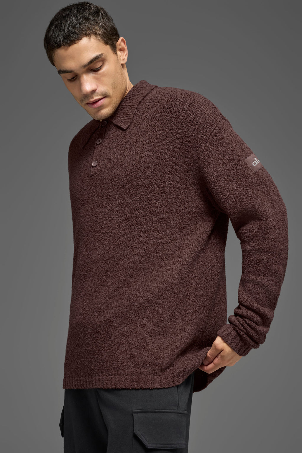 Textured Knit Long Sleeve Polo - Brownstone