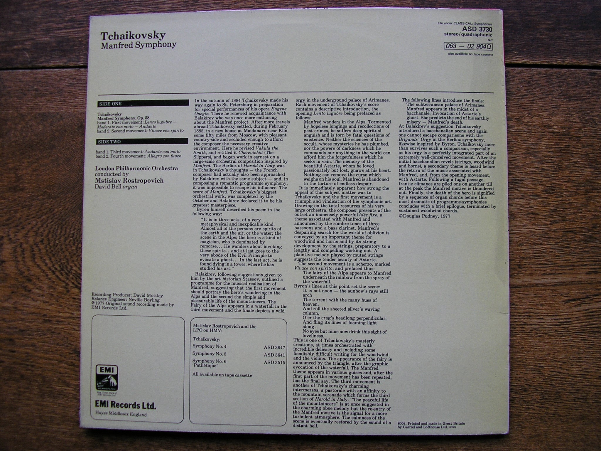 TCHAIKOVSKY: MANFRED   ROSTROPOVICH / LONDON PHILHARMONIC   ASD 3730