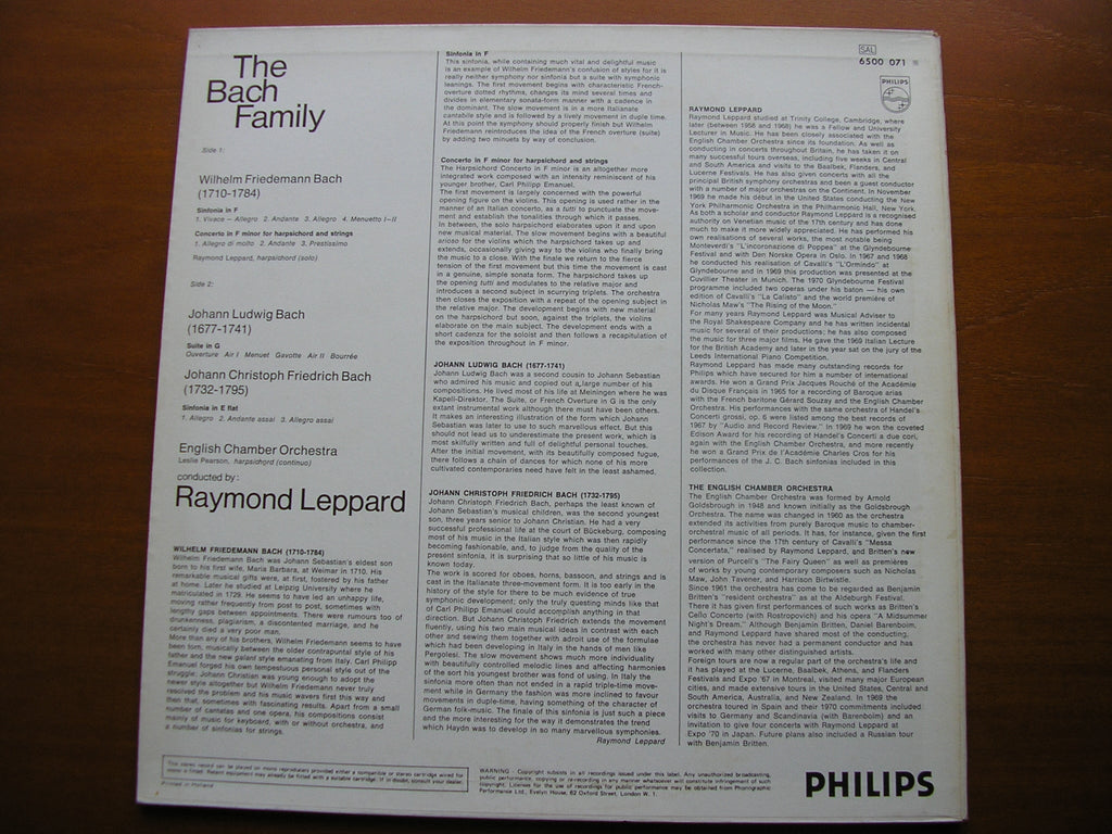 THE BACH FAMILY: ORCHESTRAL WORKS BY W F BACH / J L BACH / J C BACH    LEPPARD / ENGLISH CHAMBER ORCHESTRA     6500 071