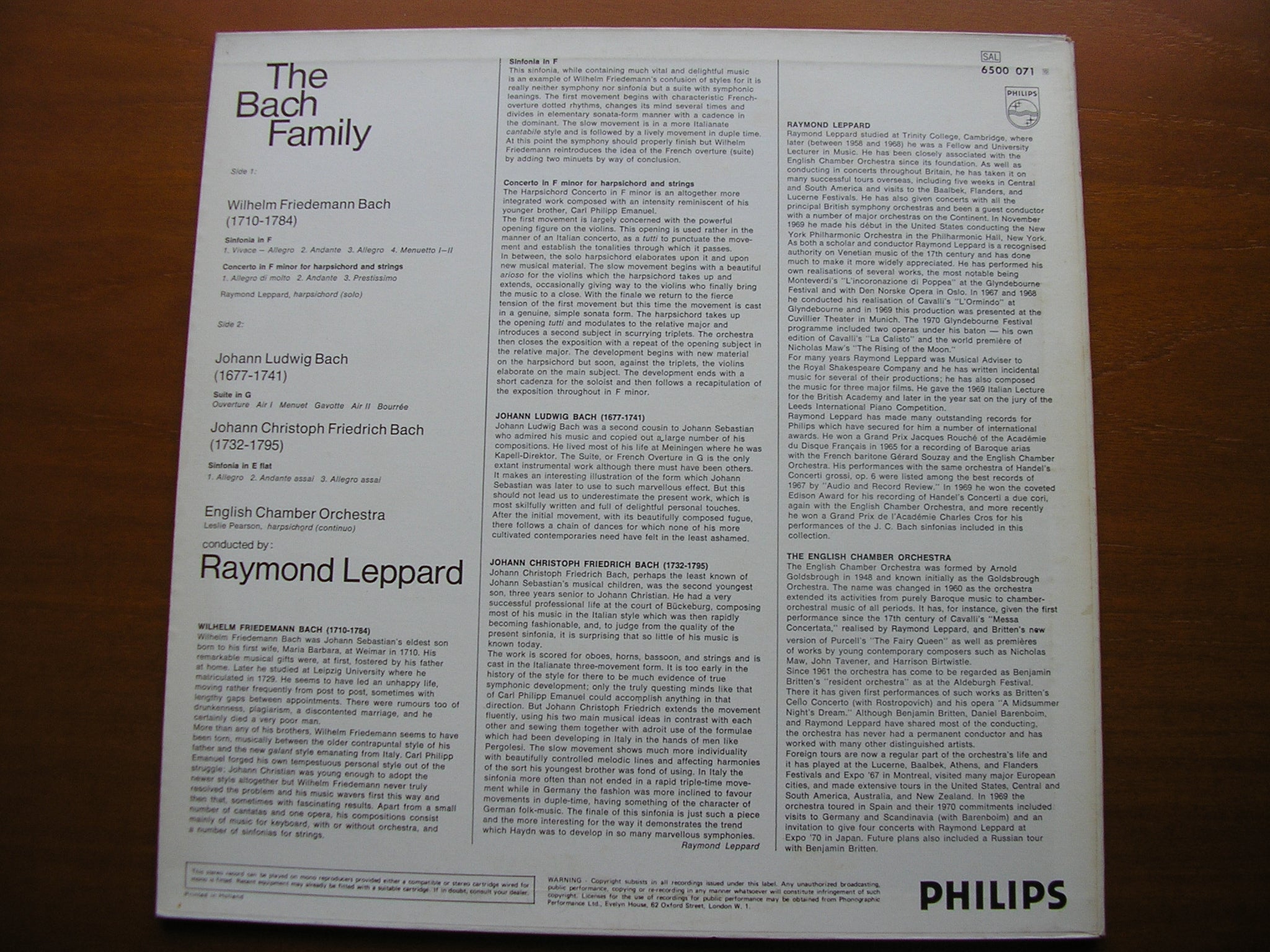 THE BACH FAMILY: ORCHESTRAL WORKS BY W F BACH / J L BACH / J C BACH    LEPPARD / ENGLISH CHAMBER ORCHESTRA     6500 071