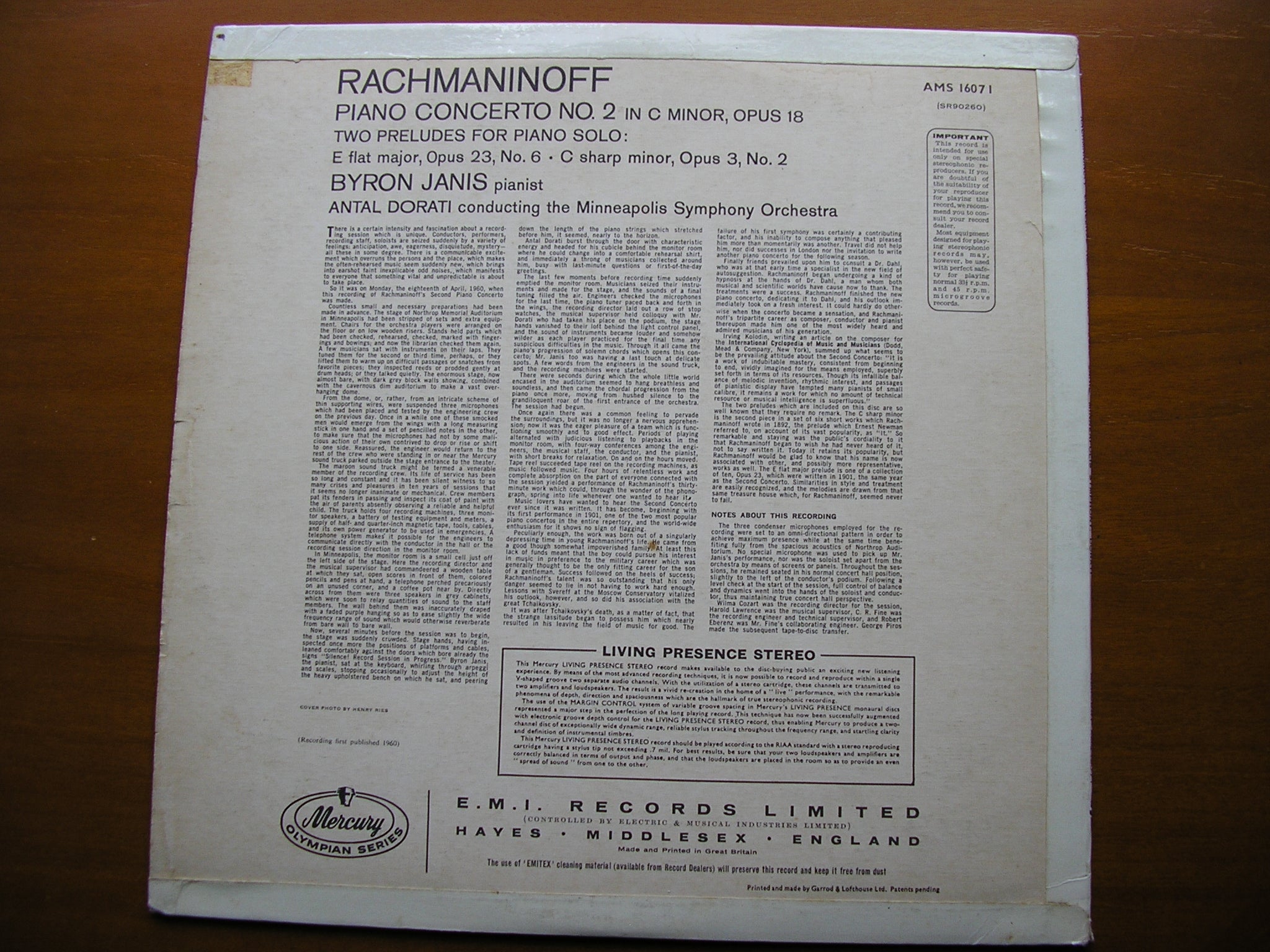 RACHMANINOV: PIANO CONCERTO No. 2     JANIS / MINNEAPOLIS SYMPHONY / DORATI      AMS 16071