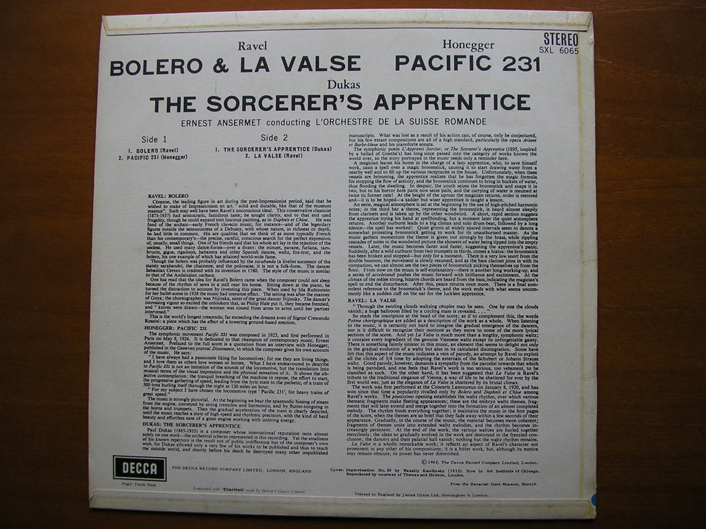 SXL 6065  RAVEL / HONEGGER / DUKAS: ORCHESTRAL WORKS     ANSERMET / SUISSE ROMANDE    ED1