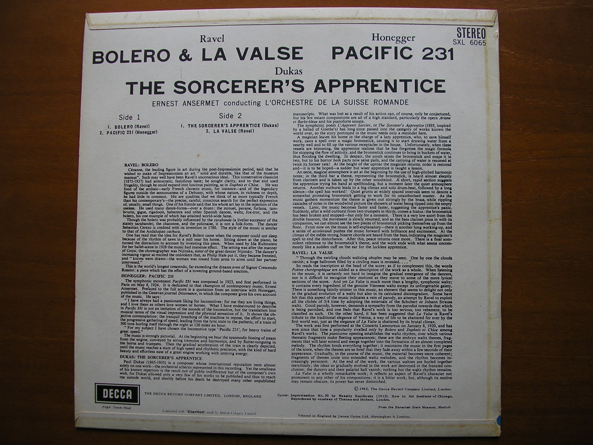 SXL 6065  RAVEL / HONEGGER / DUKAS: ORCHESTRAL WORKS     ANSERMET / SUISSE ROMANDE    ED1