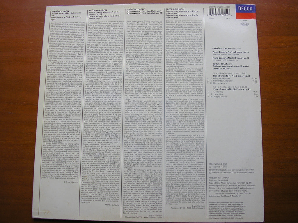 CHOPIN: PIANO CONCERTOS Nos. 1 & 2     BOLET / MONTREAL SYMPHONY / DUTOIT   425 859