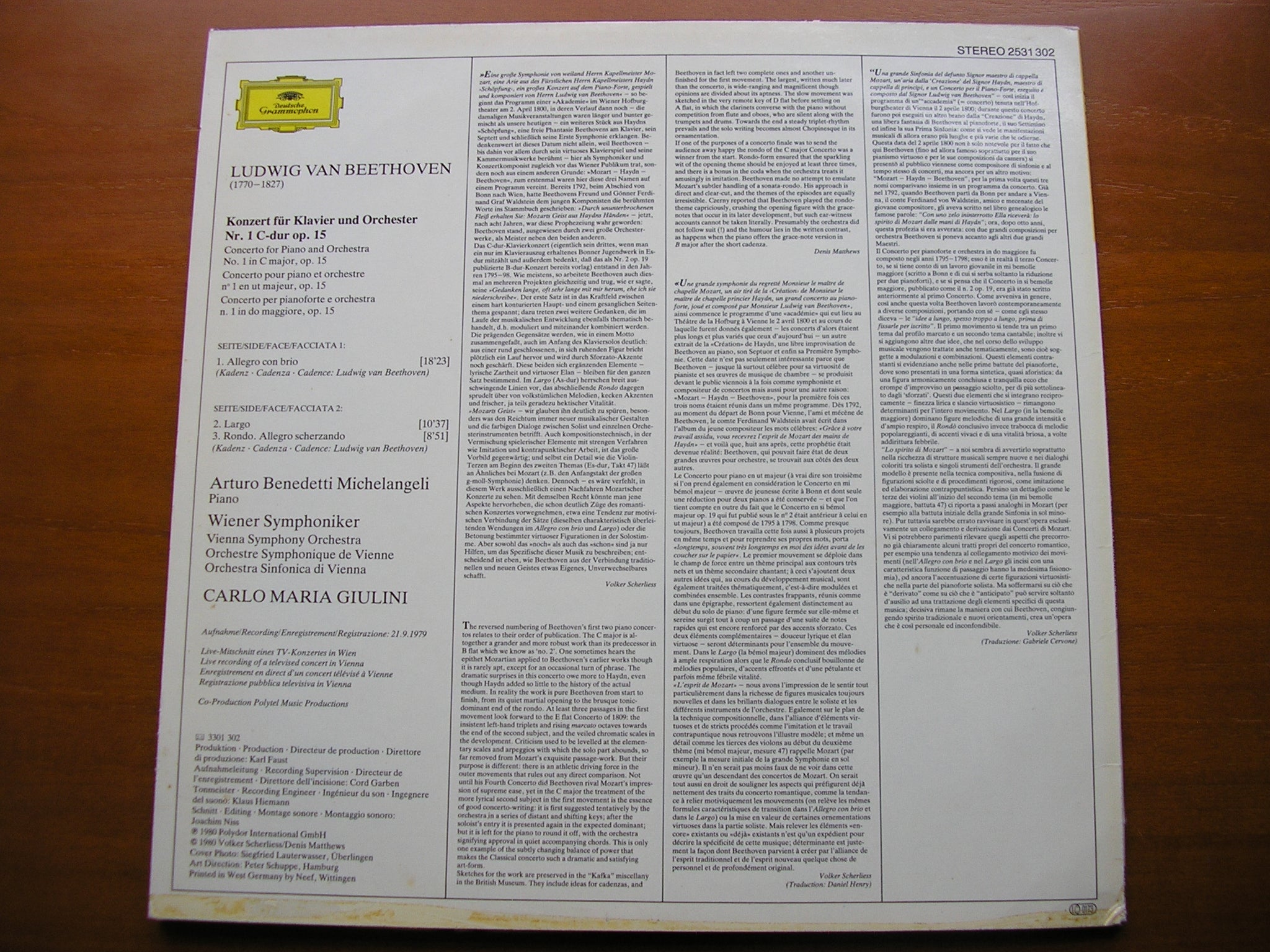 BEETHOVEN: PIANO CONCERTO No. 1      MICHELANGELI / VIENNA SYMPHONY / GIULINI      2531 302