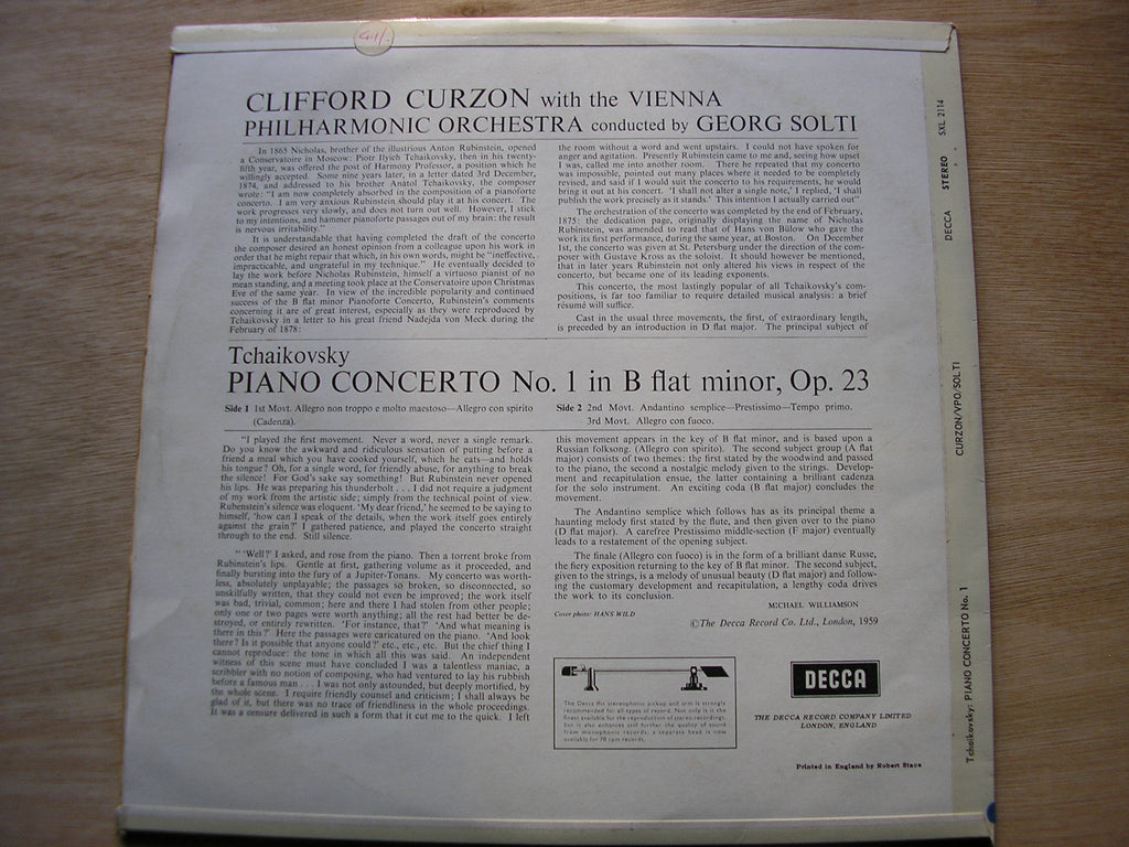 SXL 2114  TCHAIKOVSKY: PIANO CONCERTO     CURZON / VIENNA PHILHARMONIC / SOLTI   ED 1