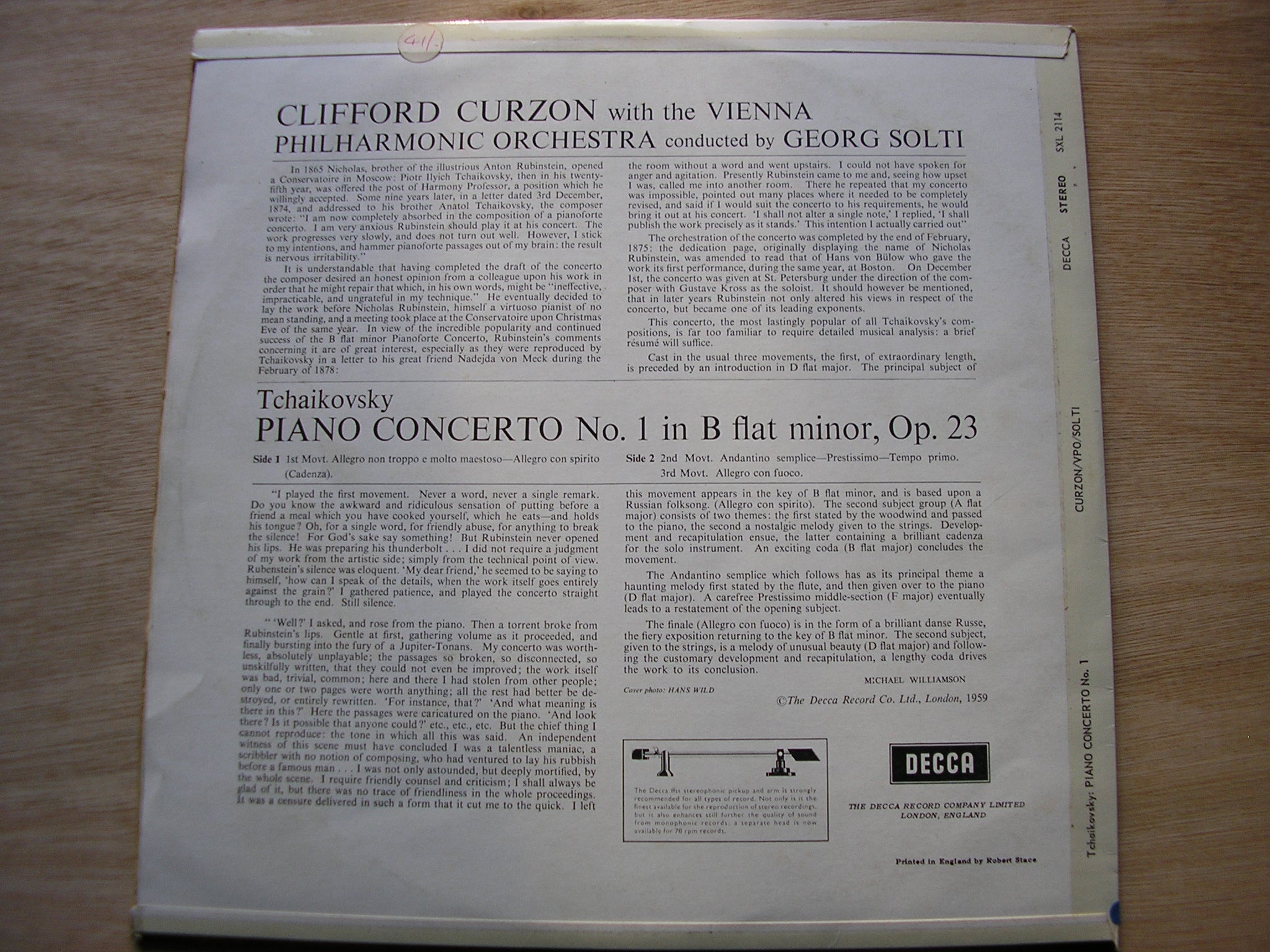 SXL 2114  TCHAIKOVSKY: PIANO CONCERTO     CURZON / VIENNA PHILHARMONIC / SOLTI   ED 1