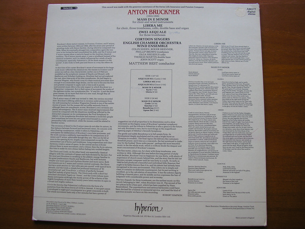 BRUCKNER: MASS in E minor / LIBERA ME / ZWEI AEQUALE     CORYDON SINGERS / ECO WIND ENSEMBLE / BEST     A66177