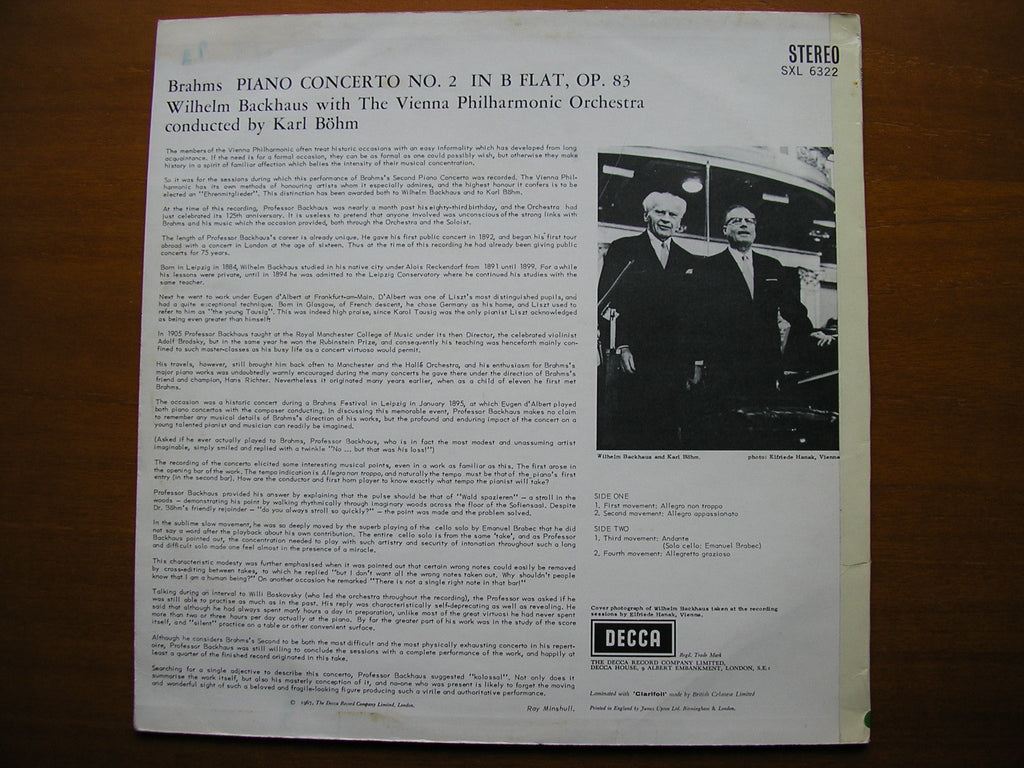 SXL 6322  BRAHMS: PIANO CONCERTO No.2     BACKHAUS / VIENNA PHILHARMONIC / BOHM     ED2