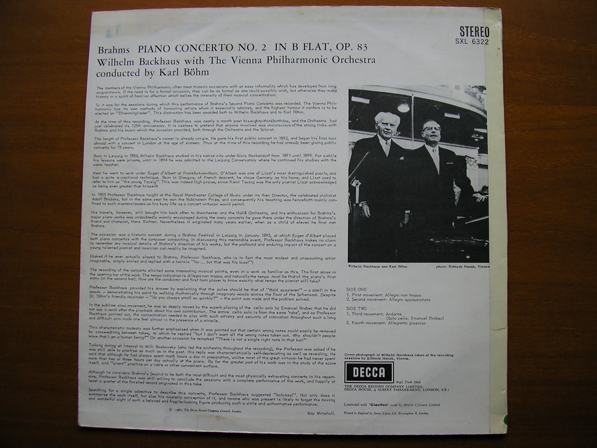 SXL 6322  BRAHMS: PIANO CONCERTO No.2     BACKHAUS / VIENNA PHILHARMONIC / BOHM     ED2