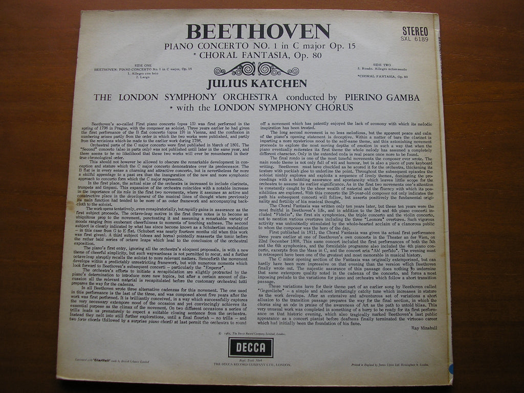 SXL 6189 BEETHOVEN: PIANO CONCERTO No. 1 / CHORAL FANTASIA JULIUS KATCHEN / LONDON SYMPHONY / GAMBA