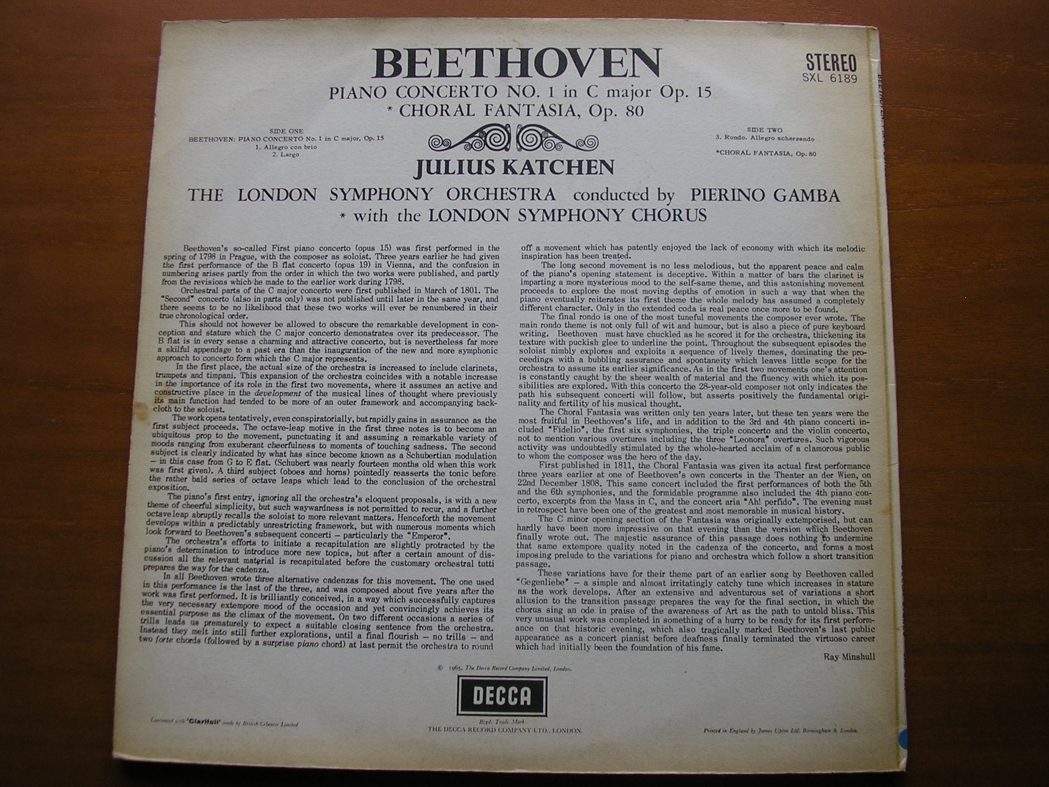 SXL 6189 BEETHOVEN: PIANO CONCERTO No. 1 / CHORAL FANTASIA JULIUS KATCHEN / LONDON SYMPHONY / GAMBA
