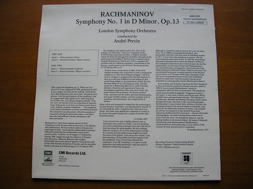 RACHMANINOV: SYMPHONY No. 1       PREVIN / LONDON SYMPHONY     ASD 3137