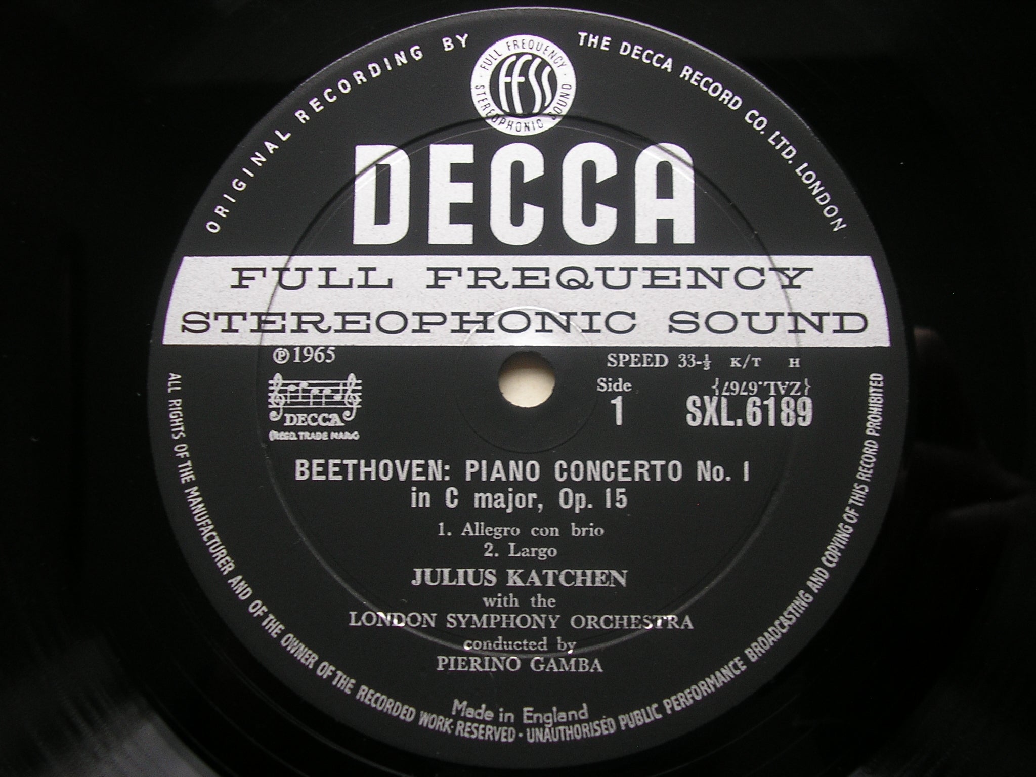 SXL 6189 BEETHOVEN: PIANO CONCERTO No. 1 / CHORAL FANTASIA JULIUS KATCHEN / LONDON SYMPHONY / GAMBA