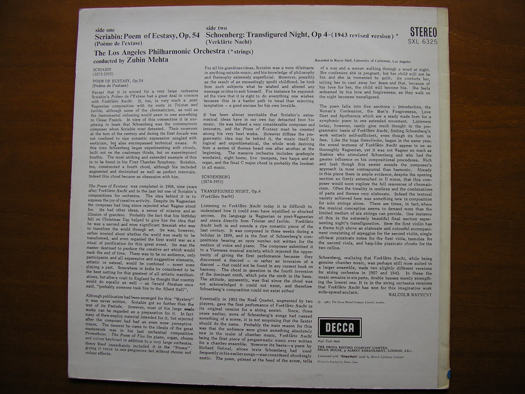 SXL 6325  SCRIABIN: POEM OF ECSTASY / SCHOENBERG: VERKLARTE NACHT    ZUBIN MEHTA / LOS ANGELES PHILHARMONIC    ED1