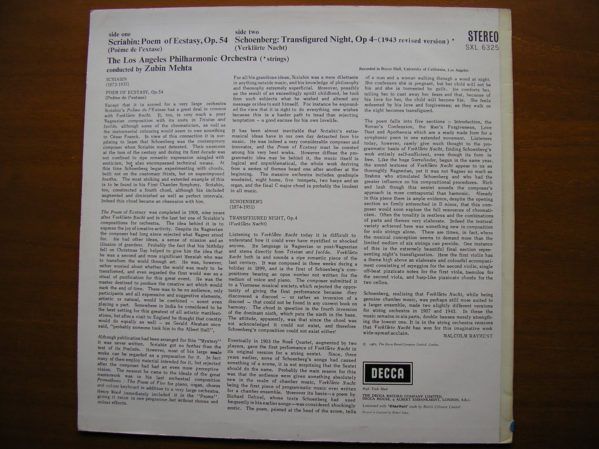 SXL 6325  SCRIABIN: POEM OF ECSTASY / SCHOENBERG: VERKLARTE NACHT    ZUBIN MEHTA / LOS ANGELES PHILHARMONIC    ED1