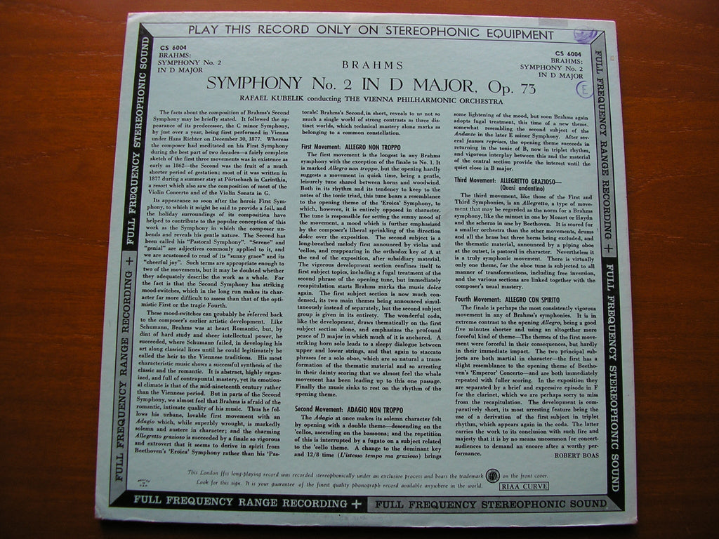 BRAHMS: SYMPHONY No. 2   RAFAEL KUBELIK / VIENNA PHILHARMONIC    CS 6004
