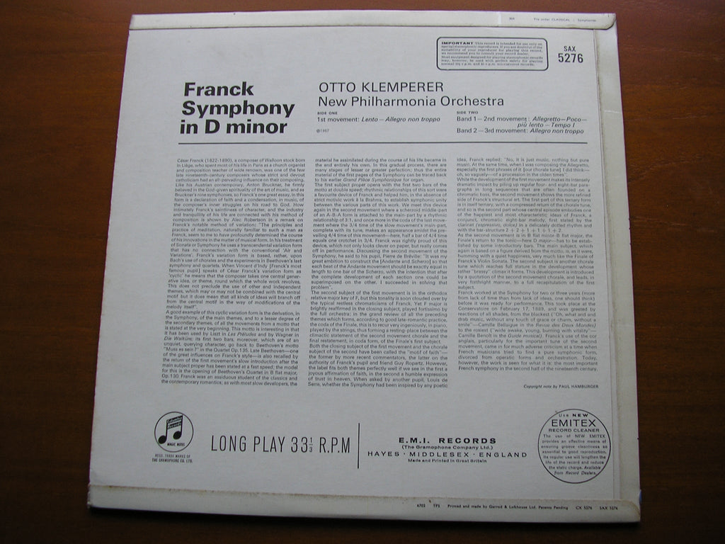 FRANCK: SYMPHONY in D    KLEMPERER / NEW PHILHARMONIA    SAX 5276