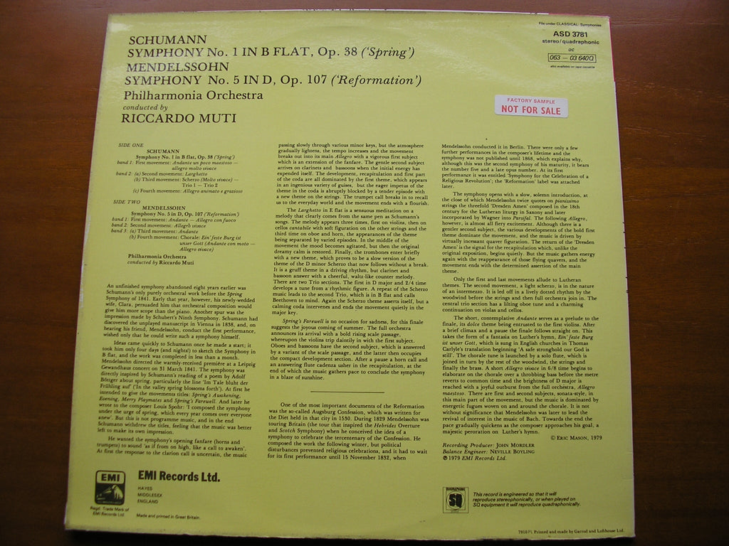 SCHUMANN: SYMPHONY No. 1 / MENDELSSOHN: SYMPHONY No. 5     MUTI / PHILHARMONIA     ASD 3781