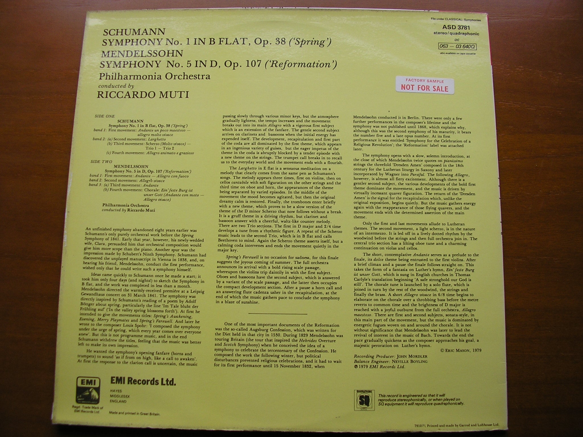 SCHUMANN: SYMPHONY No. 1 / MENDELSSOHN: SYMPHONY No. 5     MUTI / PHILHARMONIA     ASD 3781