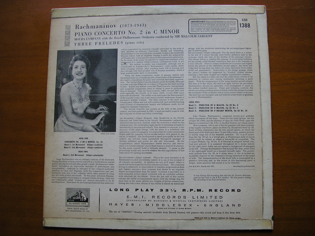 RACHMANINOV: PIANO CONCERTO No. 2     LYMPANY / ROYAL PHILHARMONIC / SARGENT    CSD 1388