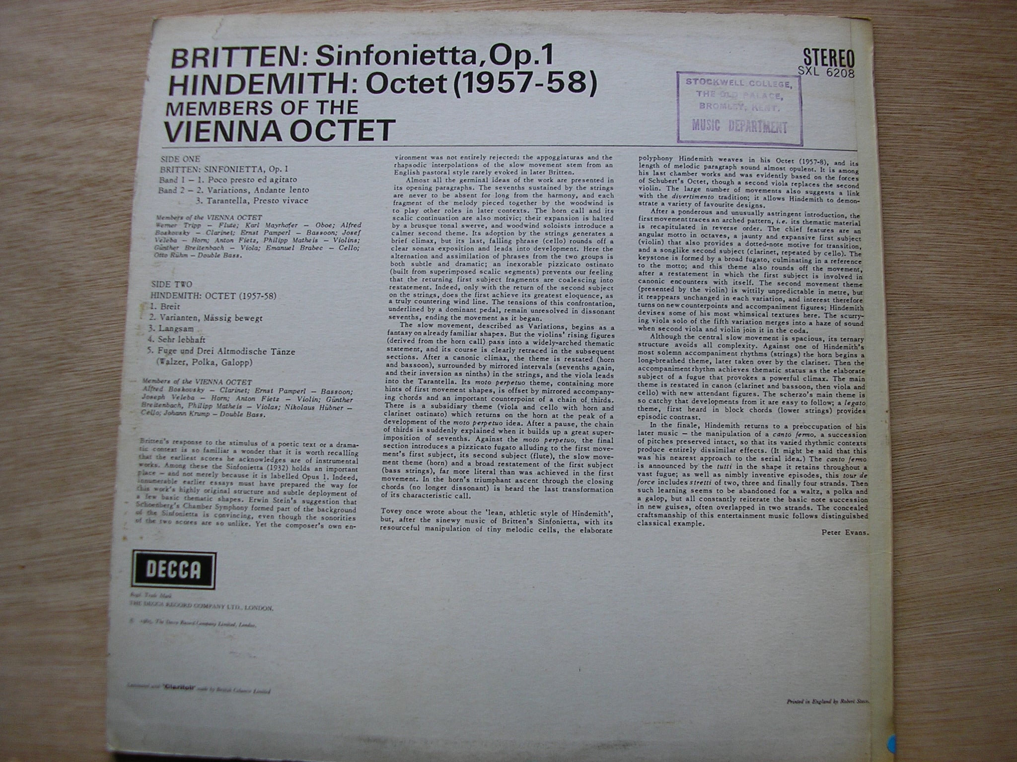 SXL 6208 BRITTEN: SINFONIETTA / HINDEMITH: OCTET VIENNA OCTET