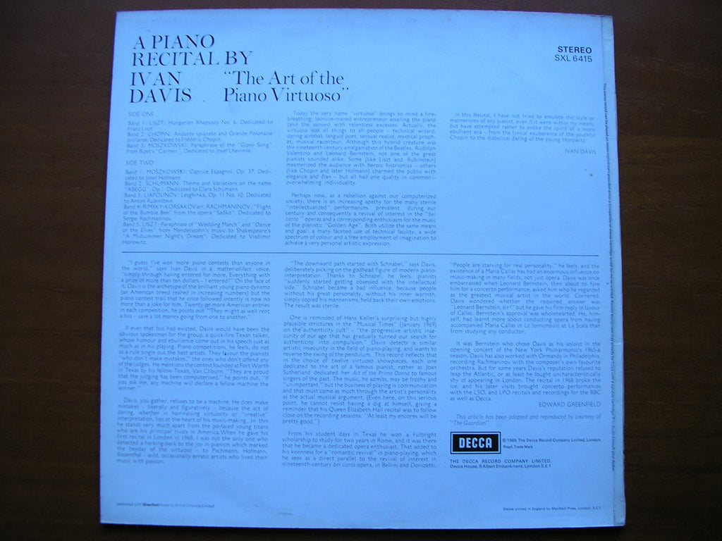 SXL 6415 A PIANO RECITAL BY IVAN DAVIS: LISZT / CHOPIN / MOSZKOWSKI / SCHUMANN / RIMSKY-KORSAKOV      ED3