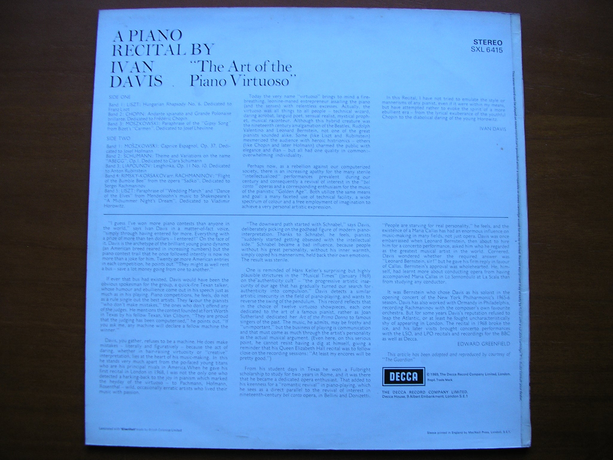 SXL 6415 A PIANO RECITAL BY IVAN DAVIS: LISZT / CHOPIN / MOSZKOWSKI / SCHUMANN / RIMSKY-KORSAKOV      ED3