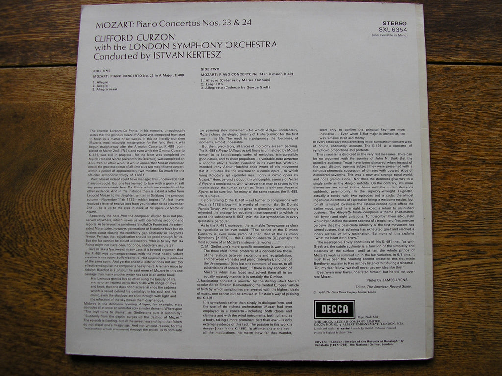 SXL 6354 MOZART: PIANO CONCERTOS Nos. 23 K488 & 24 K491 CURZON / LONDON SYMPHONY / KERTESZ
