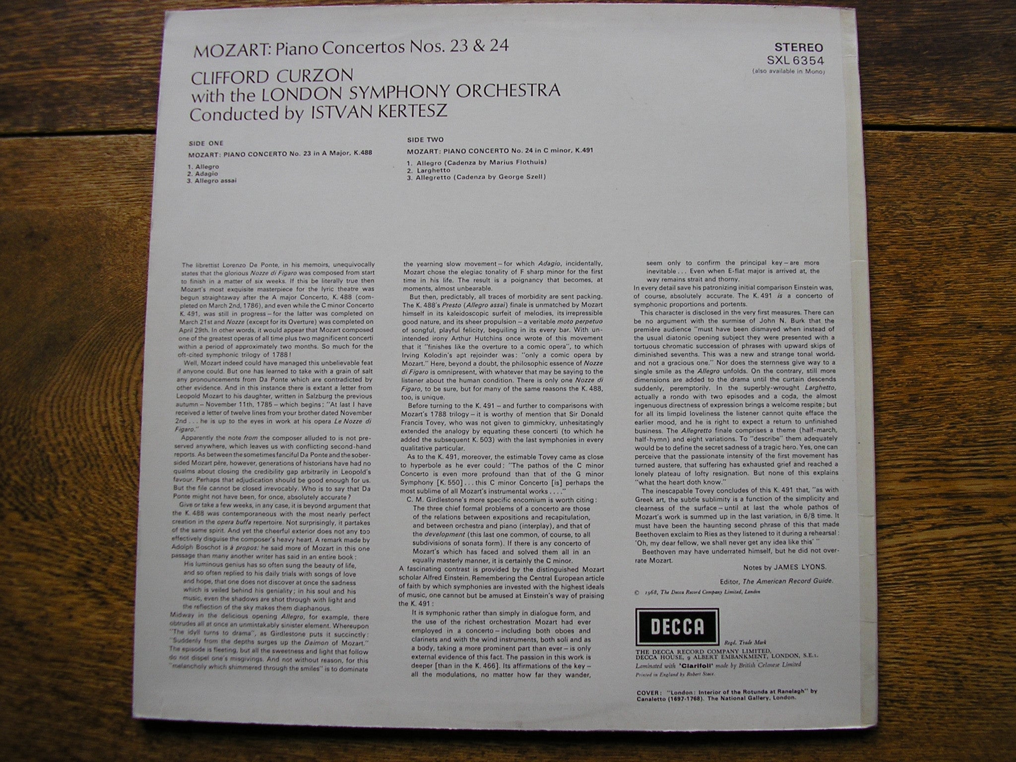 SXL 6354 MOZART: PIANO CONCERTOS Nos. 23 K488 & 24 K491 CURZON / LONDON SYMPHONY / KERTESZ