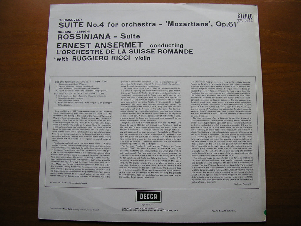 SXL 6312  TCHAIKOVSKY: SUITE No. 4  'Mozartiana'  / RESPIGHI:  'Rossiniana'      RICCI / SUISSE ROMANDE / ANSERMET    ED2