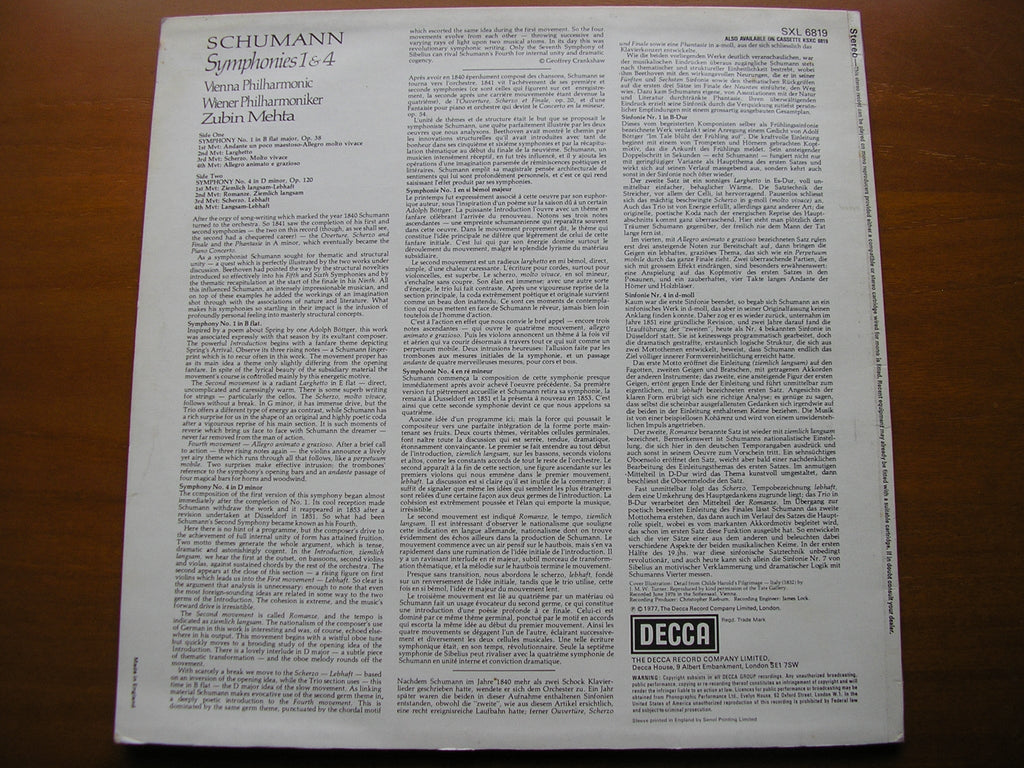 SXL 6819 SCHUMANN: SYMPHONIES Nos. 1 & 4 MEHTA / VIENNA PHILHARMONIC
