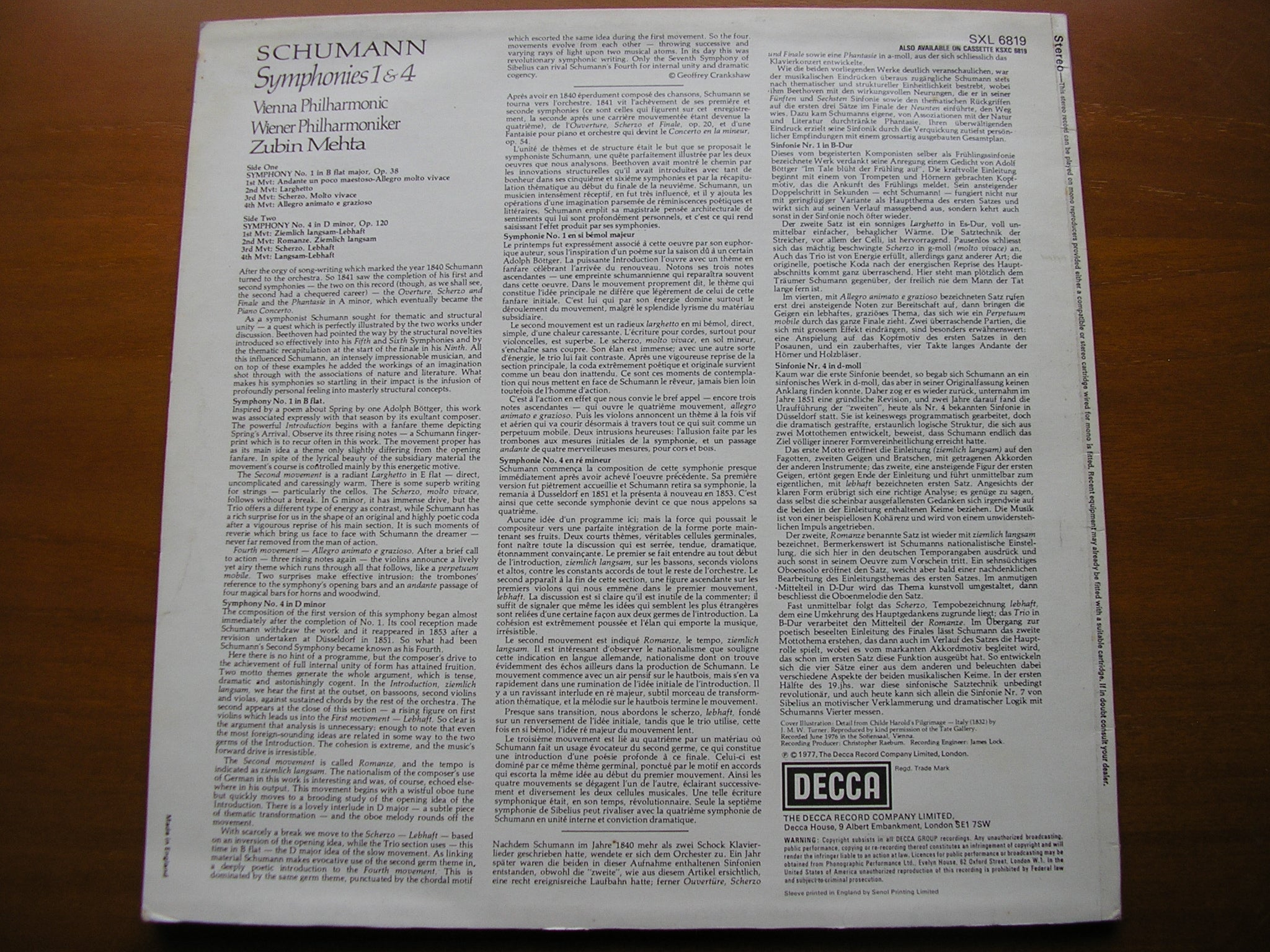 SXL 6819 SCHUMANN: SYMPHONIES Nos. 1 & 4 MEHTA / VIENNA PHILHARMONIC