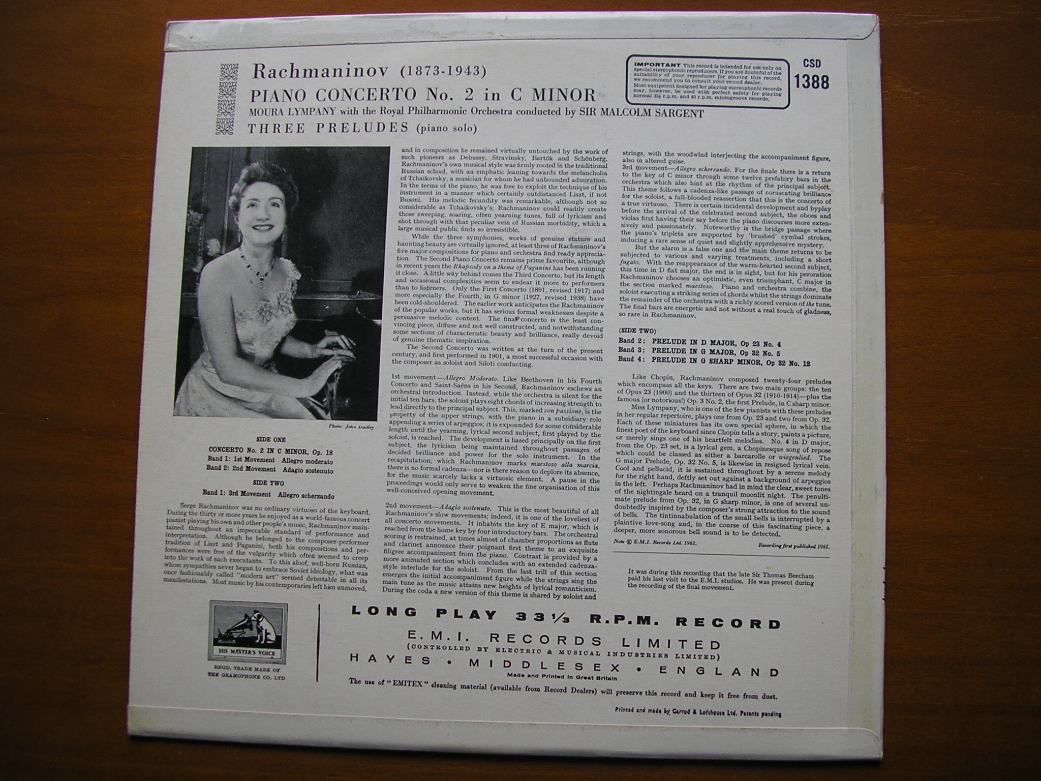 RACHMANINOV: PIANO CONCERTO No. 2     LYMPANY / ROYAL PHILHARMONIC / SARGENT    CSD 1388