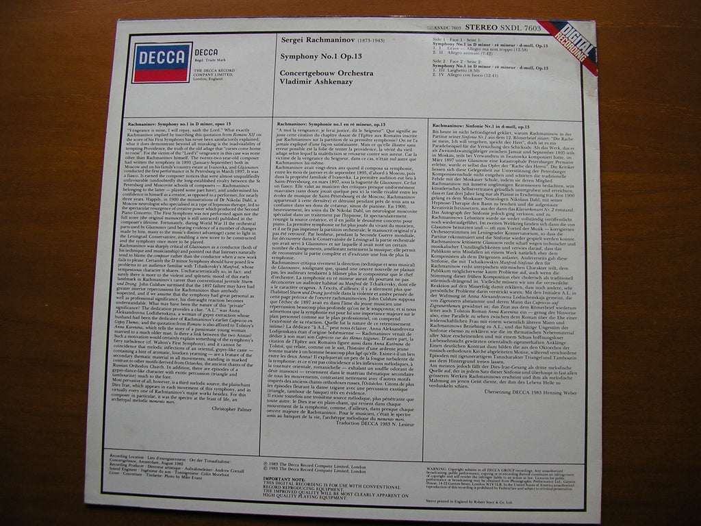 RACHMANINOV: SYMPHONY No. 1       ASHKENAZY / CONCERTGEBOUW ORCHESTRA    SXDL 7603