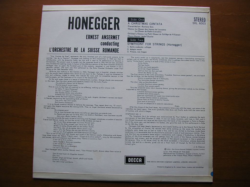 SXL 6003  HONEGGER: A CHRISTMAS CANTATA / SYMPHONY FOR STRINGS     ANSERMET / SUISSE ROMANDE     ED 1