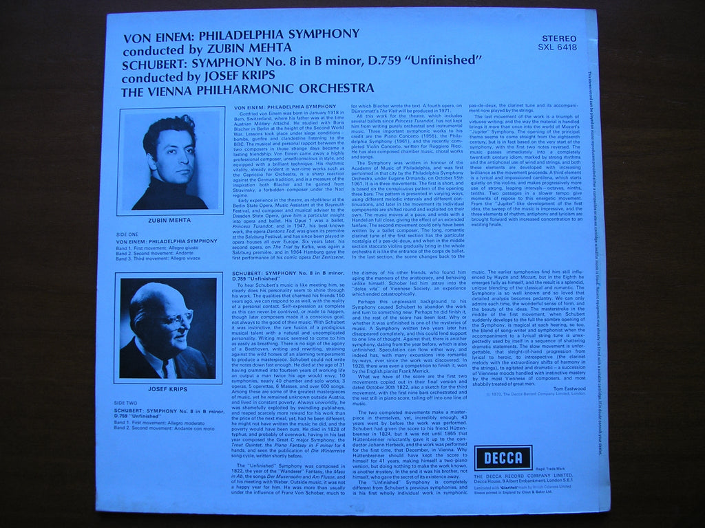 SXL 6418 VON EINEM: PHILADELPHIA SYMPHONY* / SCHUBERT: SYMPHONY No. 8      VIENNA PHILHARMONIC / MEHTA* / KRIPS      ED3