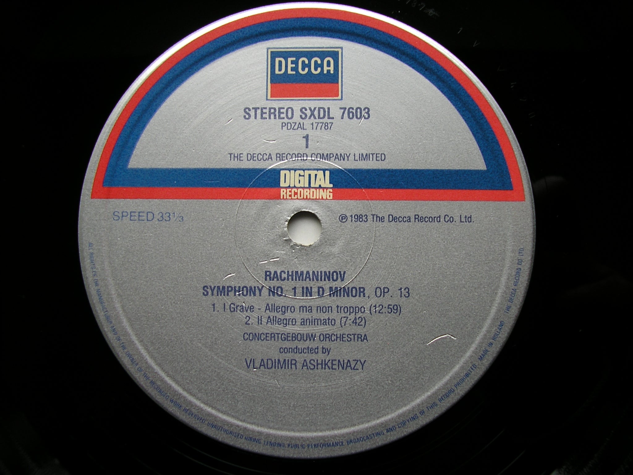 RACHMANINOV: SYMPHONY No. 1       ASHKENAZY / CONCERTGEBOUW ORCHESTRA    SXDL 7603