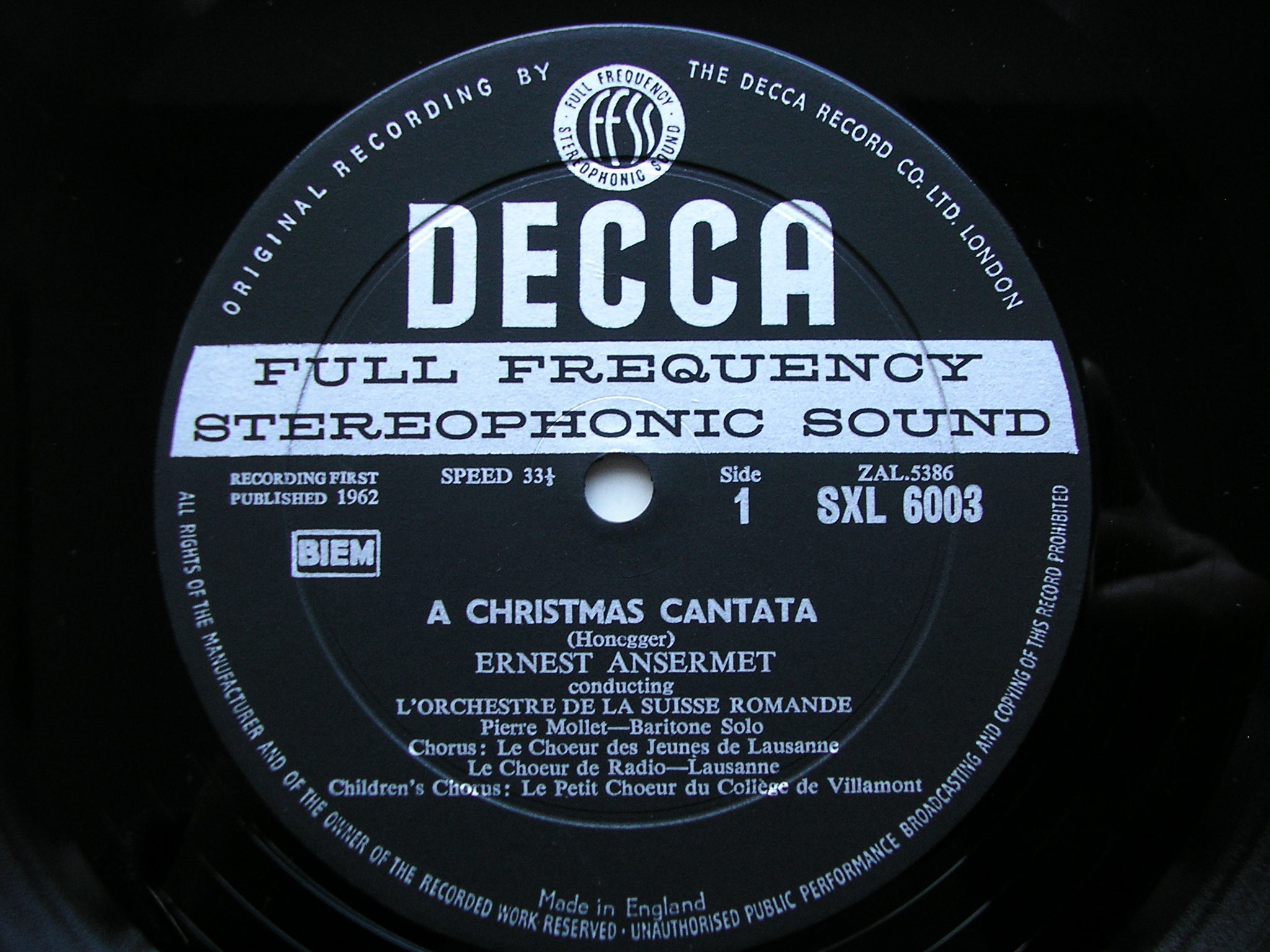 SXL 6003  HONEGGER: A CHRISTMAS CANTATA / SYMPHONY FOR STRINGS     ANSERMET / SUISSE ROMANDE     ED 1