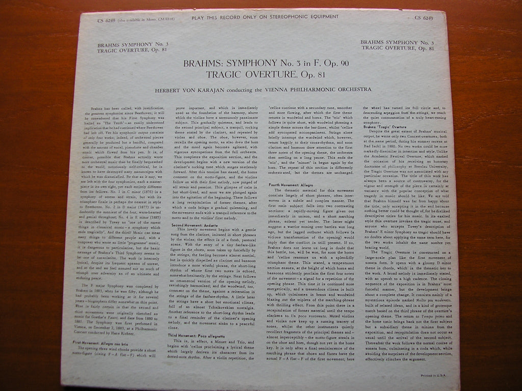BRAHMS: SYMPHONY No. 3 / TRAGIC OVERTURE    KARAJAN / VIENNA PHILHARMONIC   CS 6249