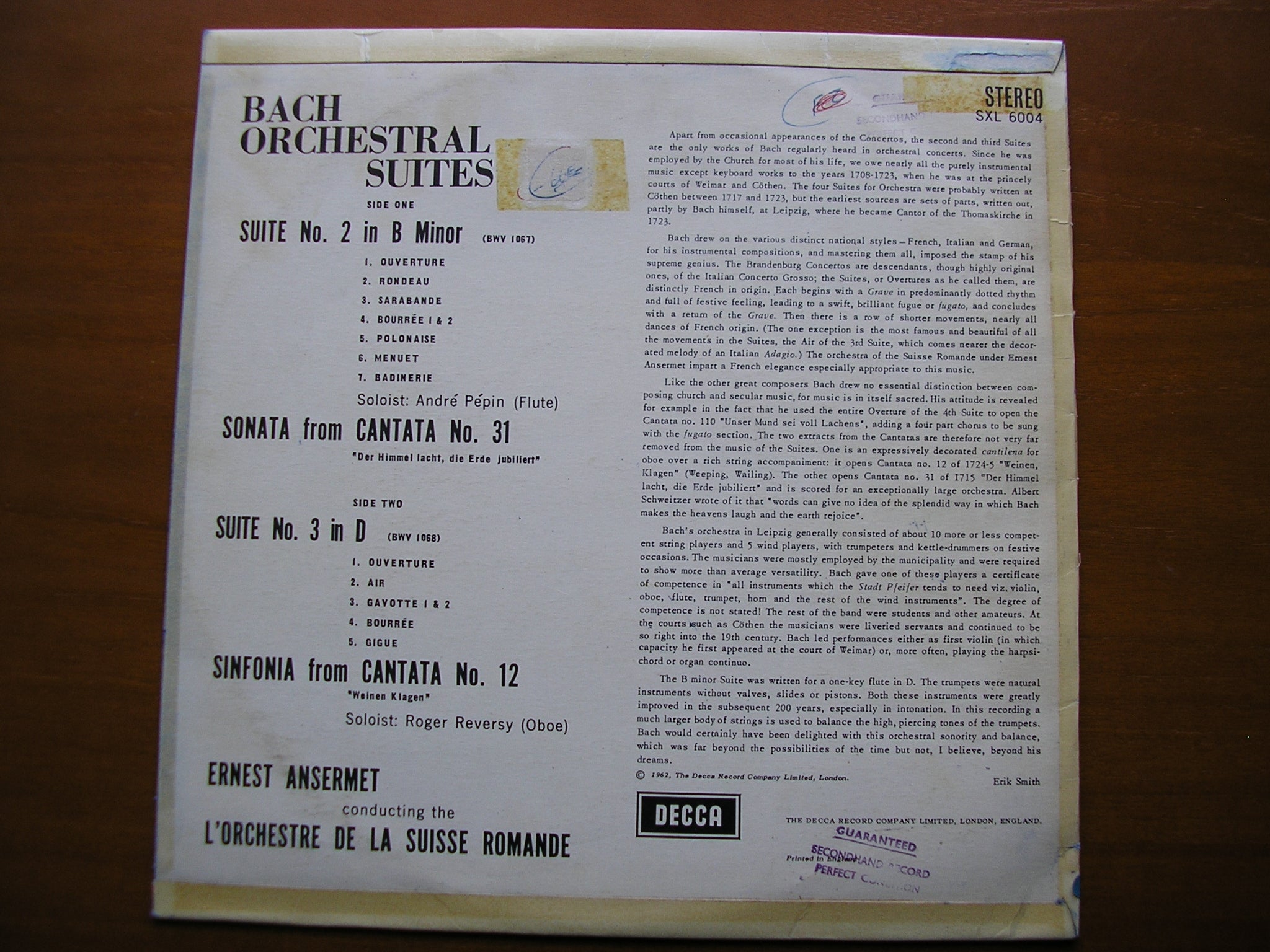 SXL 6004  BACH: SUITES Nos. 2 & 3 / SINFONIA / SONATA      ANSERMET / SUISSE ROMANDE     ED 1