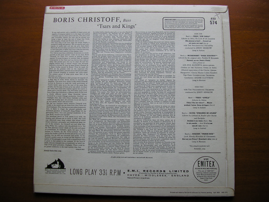 TSARS & KINGS: OPERA ARIAS BY VERDI / MUSSORGSKY / GLUCK / BORODIN    BORIS CHRISTOFF / PHILHARMONIA / JERZY SEMKOW    ASD 574